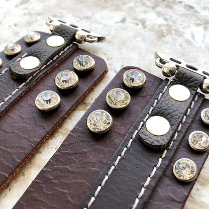 Apple Band Crystals on Brown Genuine Leather for iWatch Ultra 2 9 8 7 SE 6 5 4 3 2 1 Strap Bracelet 38mm 40mm 41mm 42mm 44mm 45mm 49mm Case