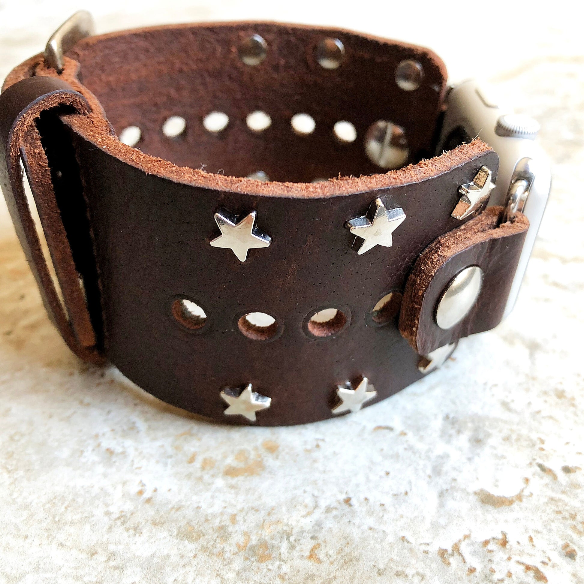 Apple New Silver Stars on Brown Leather Band for iWatch Ultra 2 9 8 7 SE 6 5 4 3 2 1 Case 38mm 40mm 41mm 42mm 44mm 45mm 49mm Cuff Strap