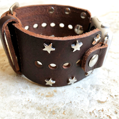Apple Case 38mm 40mm 41mm 42mm 44mm 45mm New Silver Stars on Brown Leather Band for iWatch Ultra 2 9 8 7 SE 6 5 4 3 2 1 Bracelet Cuff Strap