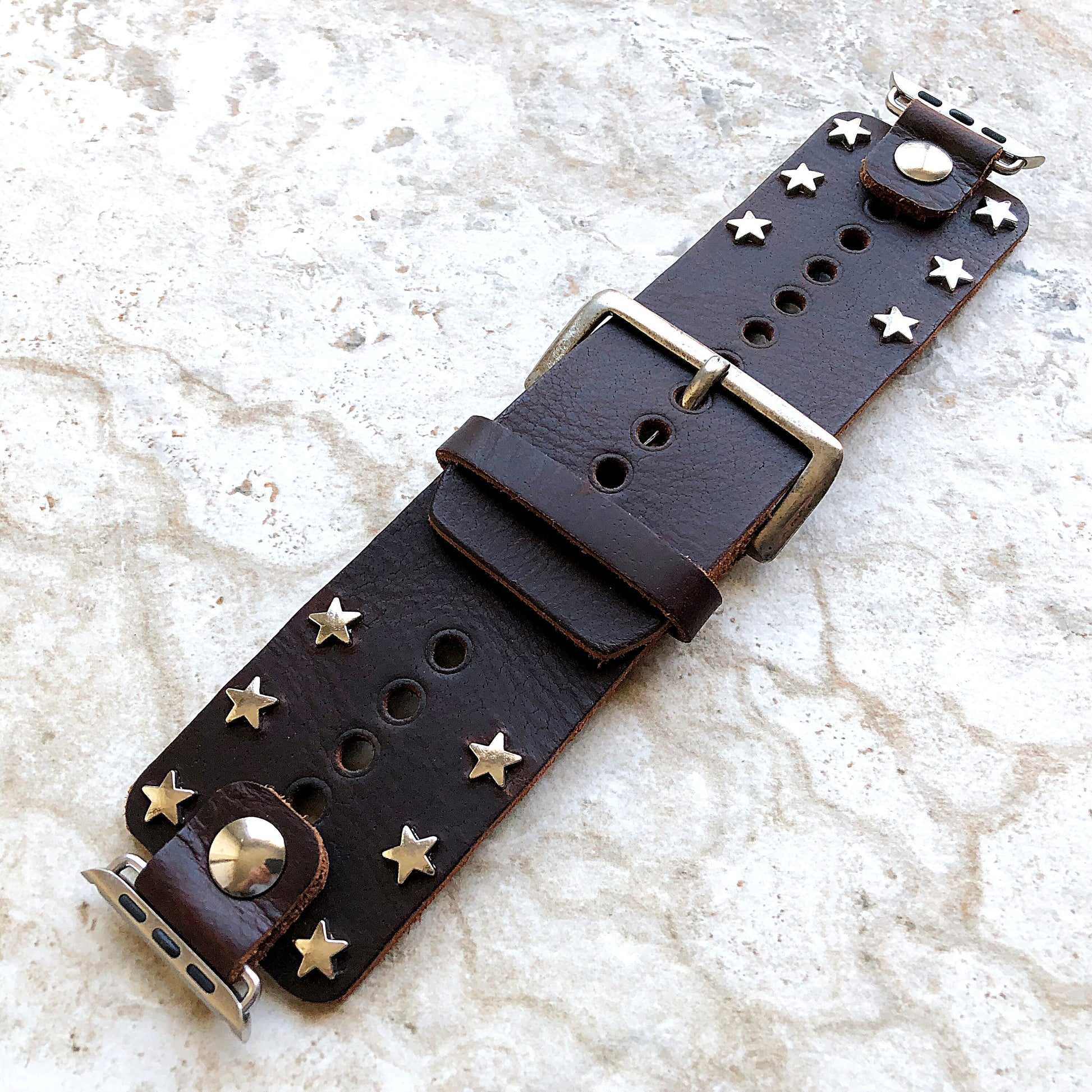 Apple New Silver Stars on Brown Leather Band for iWatch Ultra 2 9 8 7 SE 6 5 4 3 2 1 Case 38mm 40mm 41mm 42mm 44mm 45mm 49mm Cuff Strap
