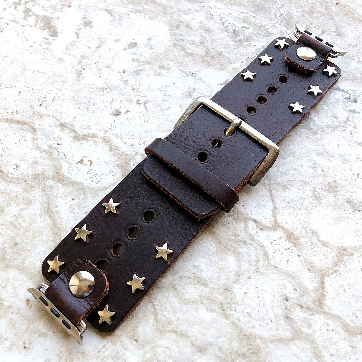 Apple New Silver Stars on Brown Genuine Leather Band for iWatch Ultra 2 49mm and 9 8 Series 41mm 45mm Case Handmade Bracelet Cuff Strap