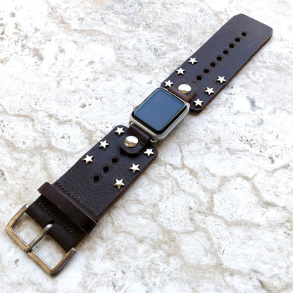 Apple New Silver Stars on Brown Leather Band for iWatch Ultra 2 9 8 7 SE 6 5 4 3 2 1 Case 38mm 40mm 41mm 42mm 44mm 45mm 49mm Cuff Strap