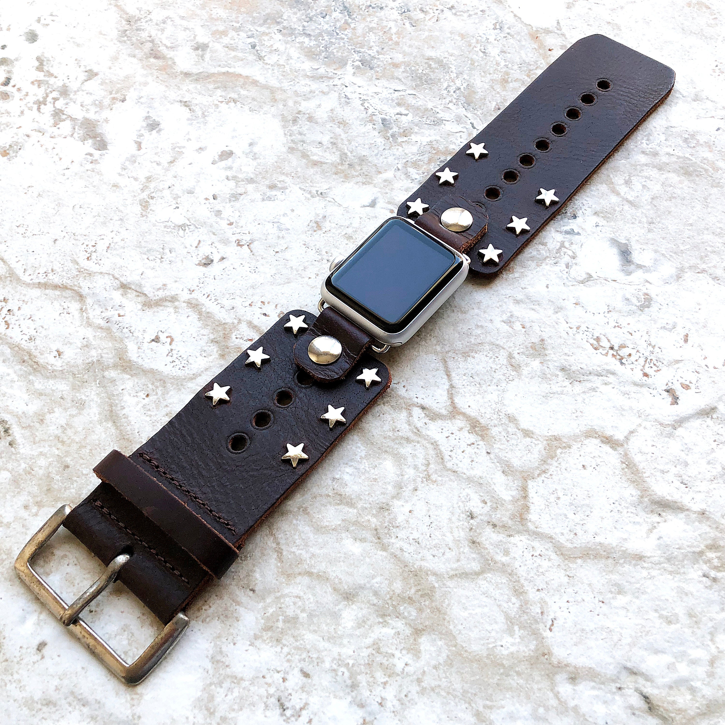 Apple Case 38mm 40mm 41mm 42mm 44mm 45mm New Silver Stars on Brown Leather Band for iWatch Ultra 2 9 8 7 SE 6 5 4 3 2 1 Bracelet Cuff Strap