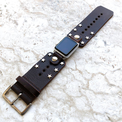 Apple Case 38mm 40mm 41mm 42mm 44mm 45mm New Silver Stars on Brown Leather Band for iWatch Ultra 2 9 8 7 SE 6 5 4 3 2 1 Bracelet Cuff Strap