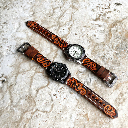 Garmin Brown & Orange Leather Band for Forerunner 265S 255S Vivoactive 4S Vivomove 3S Captain Marvel Rey Tooled Embossed Handmade Strap B18