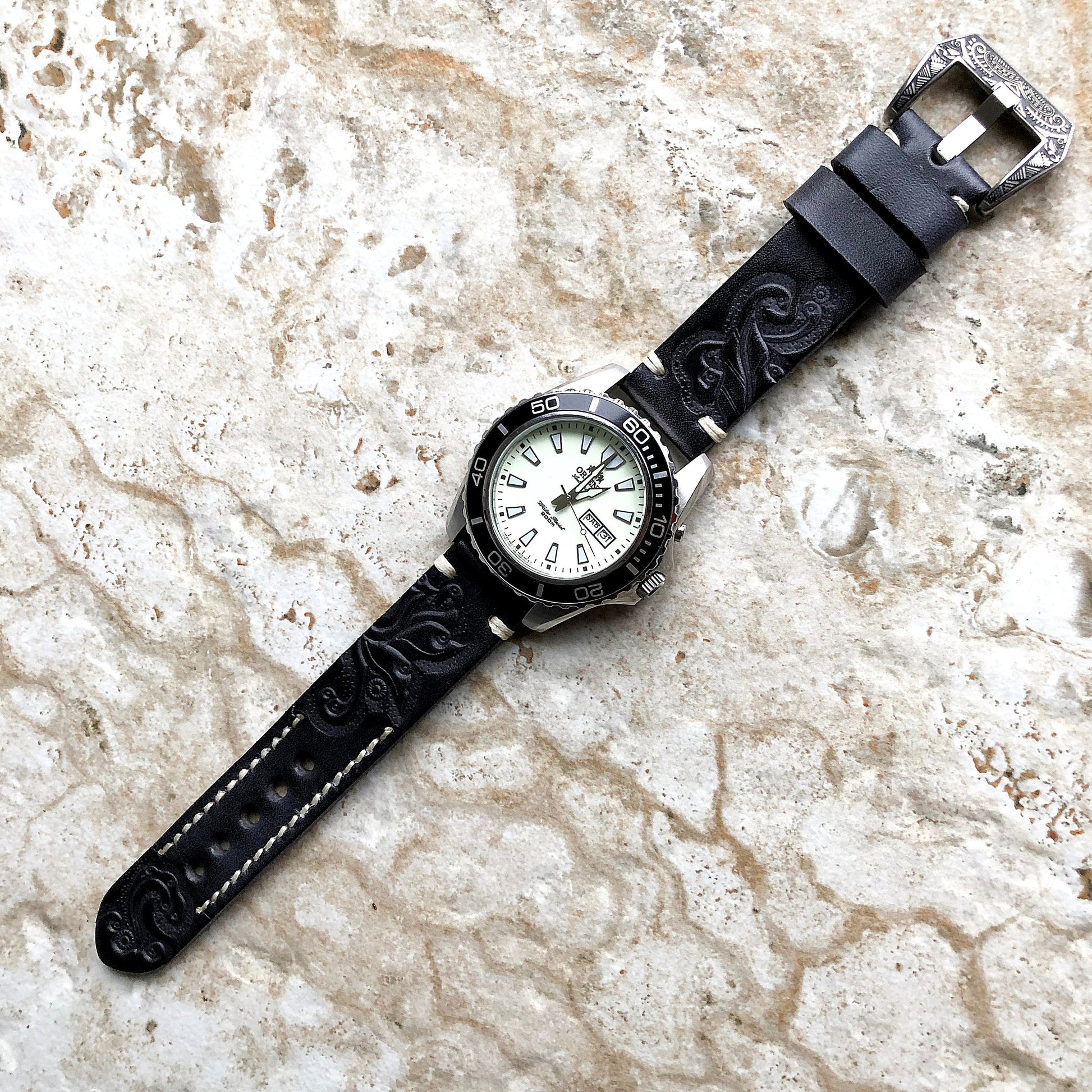 Black and Gray Band Compatible with Garmin D2 Air X10 Venu 2 Plus and Venu Sq 2 Music Embossed Handmade Leather Strap Pins Buckle Tool B20