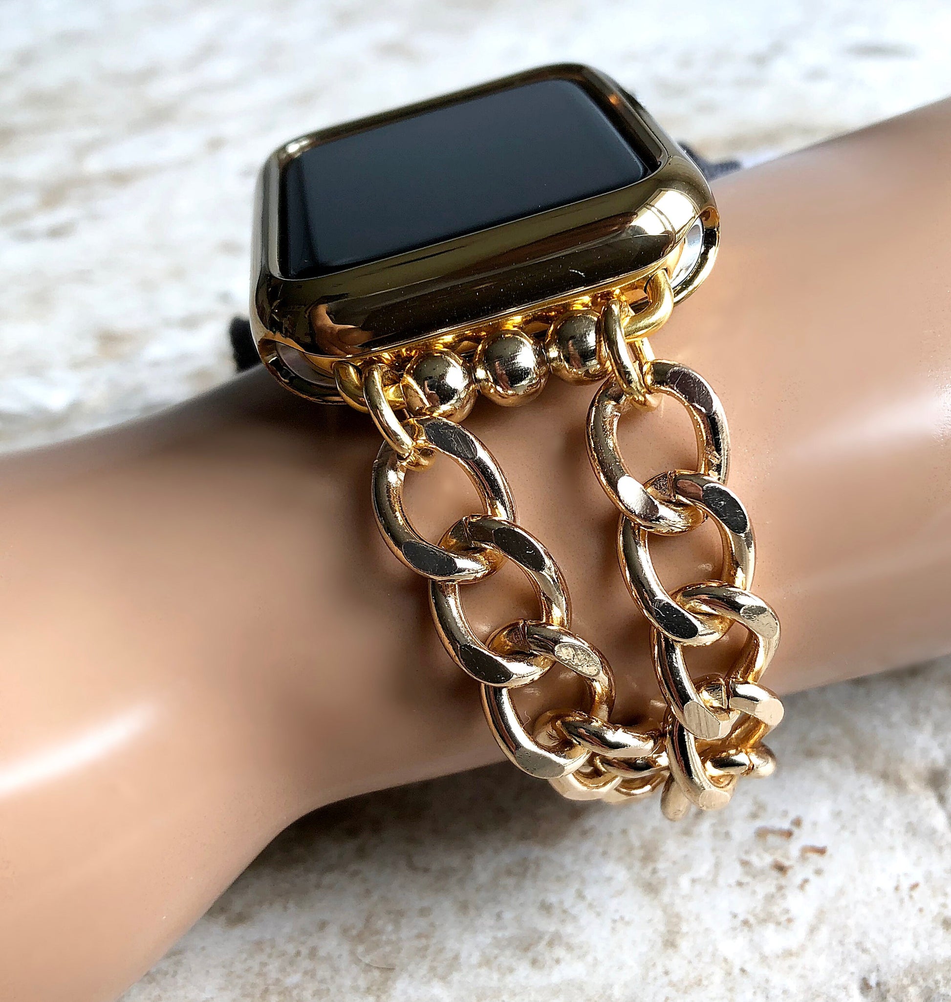Apple Watch Gold Color Two Tones CB Bracelet Band Chains Link for All Series iWatch 38mm 40mm 41mm 42mm 44mm 45mm 49mm Handmade Jewelry