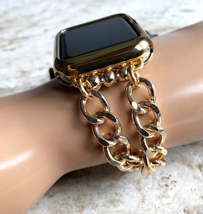 Apple Watch Gold Color Two Tones CB Bracelet Band Chains Link for All Series iWatch 38mm 40mm 41mm 42mm 44mm 45mm 49mm Handmade Jewelry