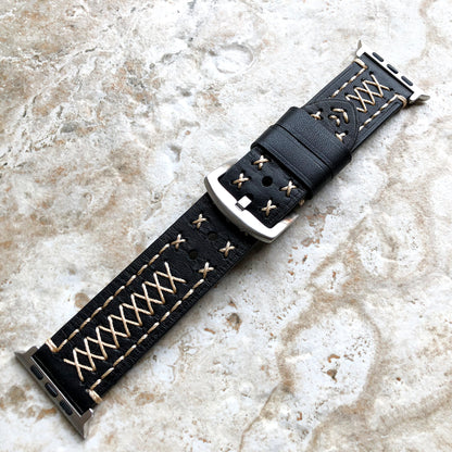 Apple Black Three Layers Band for iWatch Ultra 2 49mm and 9 8 Series 41mm 45mm Case Soft Leather Bands Straps Bracelet Hand Stitched