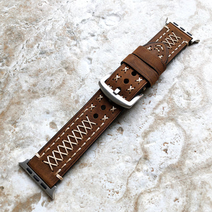 Apple Brown Soft Thick Leather Band for iWatch All Series 38mm 40mm 41mm 42mm 44mm 45mm 49mm Edition Strap Bracelet Stitched Details X