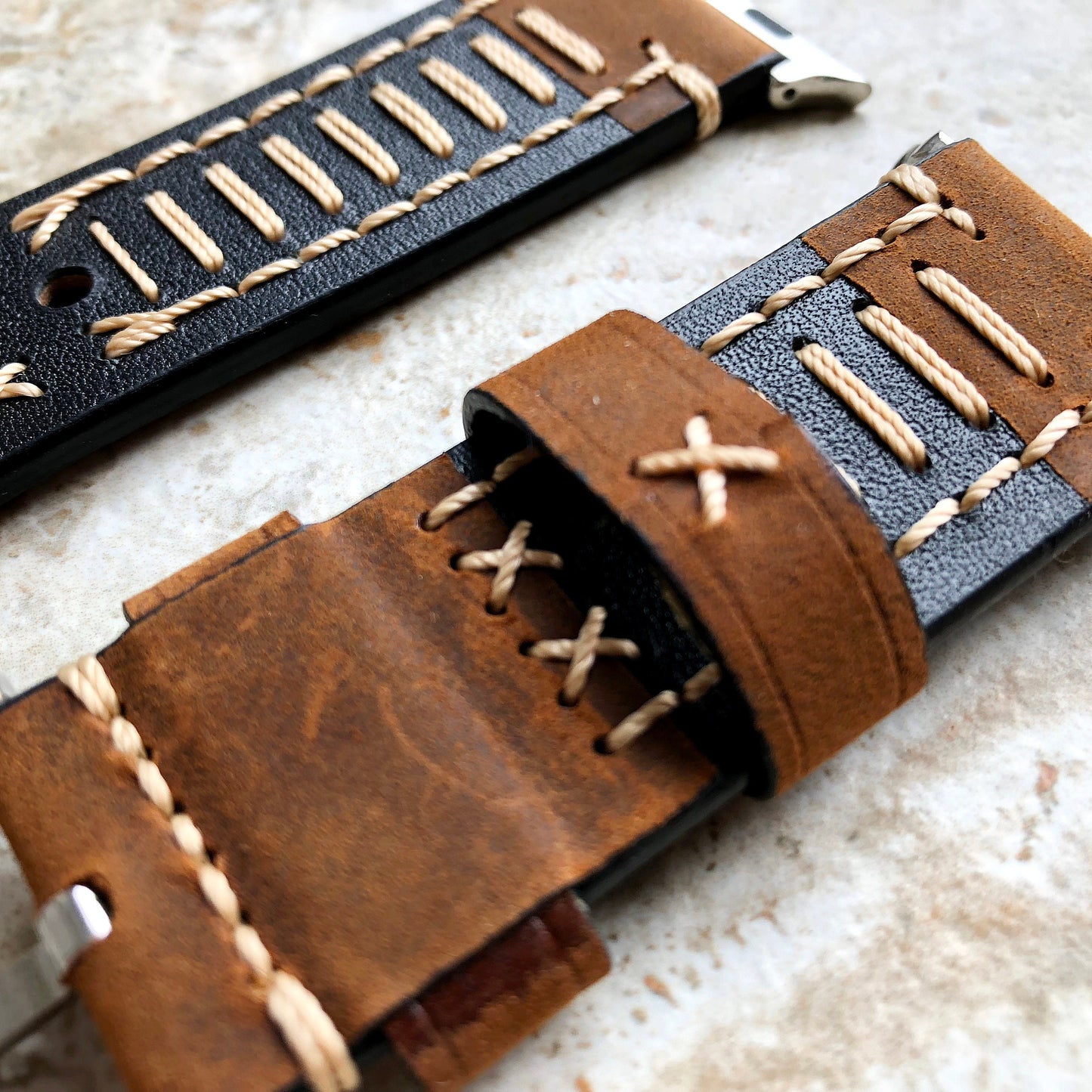 Apple Brown Soft Thick Leather Band for iWatch All Series 38mm 40mm 41mm 42mm 44mm 45mm 49mm Edition Strap Bracelet Stitched Details X