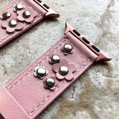 Apple Light Pink for iWatch Ultra 2 49mm and 9 8 Series 41mm 45mm Case Edition Soft Leather Band Straps Bracelet with Rivets Flowers
