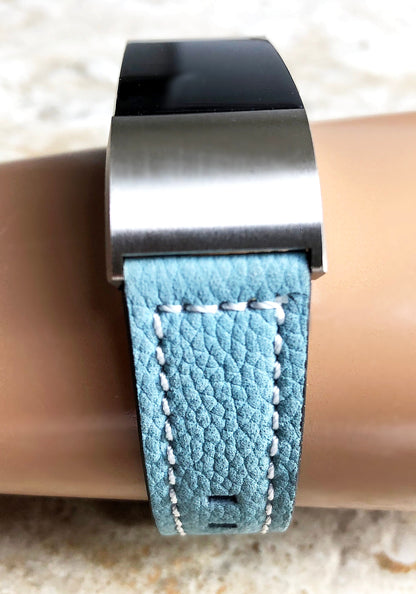 Fitbit Charge 2 Blue Soft Leather Band Strap Compatible with Fitness Tracker Wristband Bracelet with Stitches and Adapters Quick Release