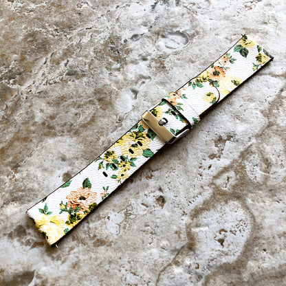 Samsung FL-1 Band for Galaxy Watch Active 2 40mm 42mm 44mm Soft Yellow Floral Bracelet Cuff Leather Wristband Strap with Quick Release Pins