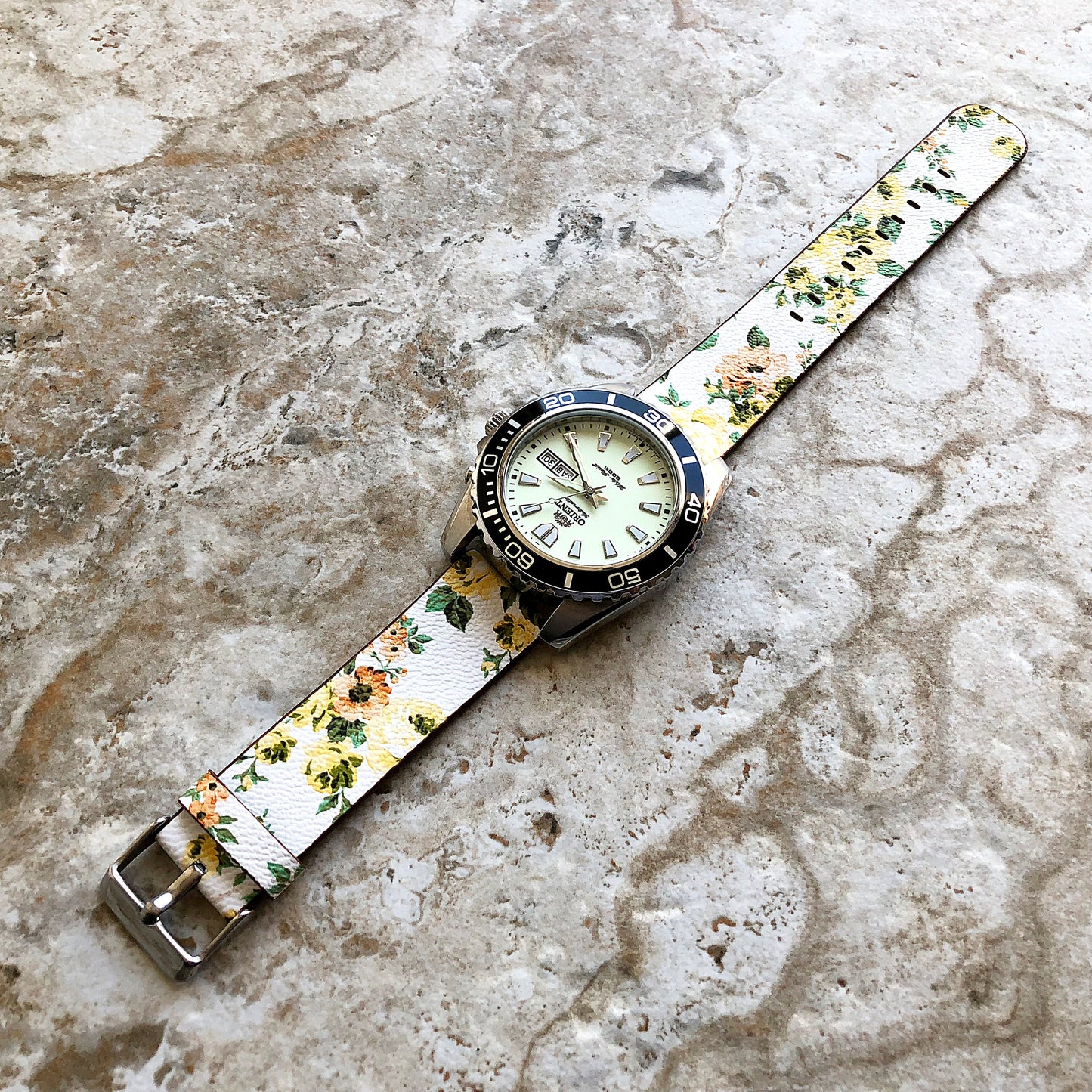 22mm Width Yellow Floral FL-1 Soft Leather Watch Strap Band for Wrist Hand Watches - Quick Release Pins Included Easy and Ready to Attach