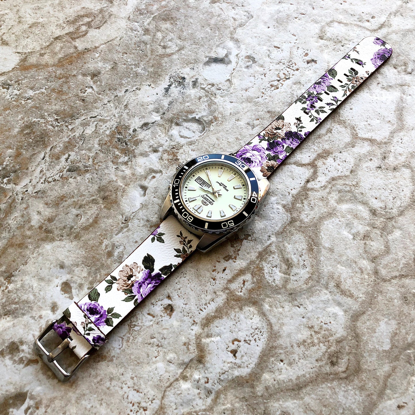 22mm Width Purple Floral FL-4 Soft Leather Watch Strap Band for Wrist Hand Watches - Quick Release Pins Included Easy and Ready to Attach