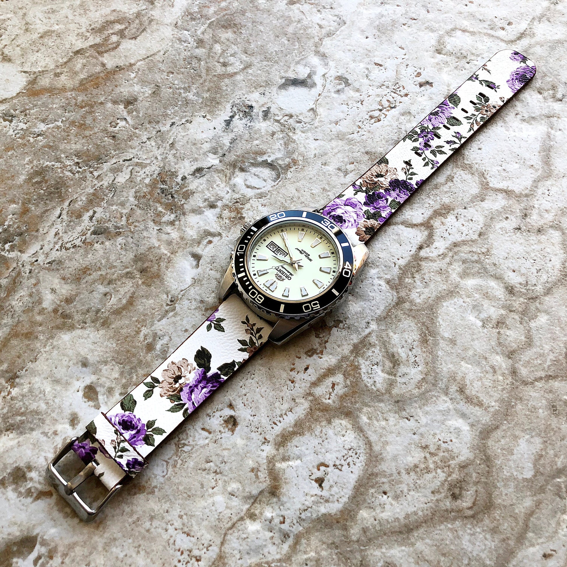 22mm Width Purple Floral FL-4 Soft Leather Watch Strap Band for Wrist Hand Watches - Quick Release Pins Included Easy and Ready to Attach
