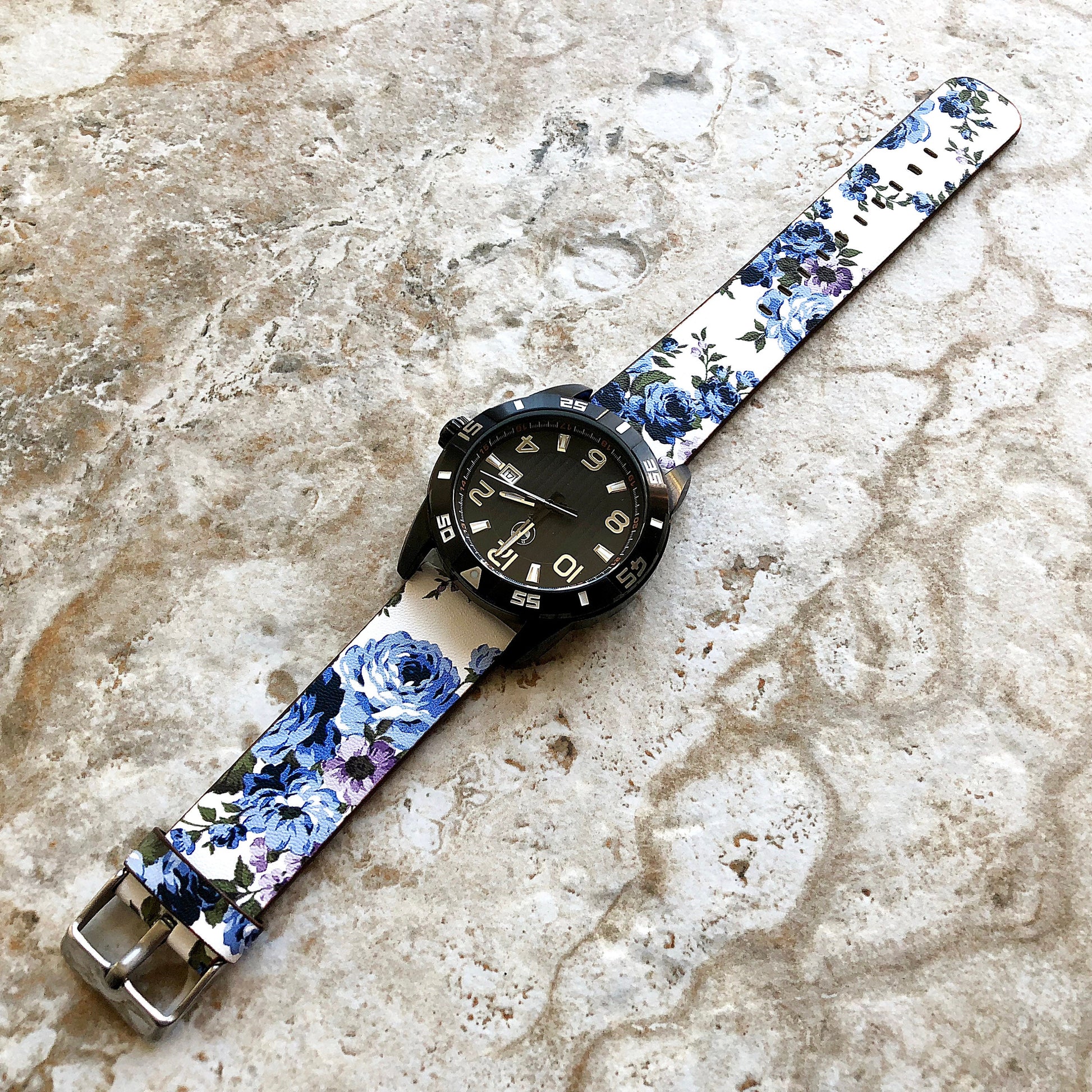 22mm Width Blue Floral FL-2 Soft Leather Watch Strap Band for Wrist Hand Watches - Quick Release Pins Included Easy and Ready to Attach