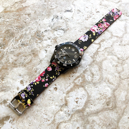22mm Width Red Black Floral FL-5 Soft Leather Watch Strap Band for Wrist Hand Watches - Quick Release Pins Included Easy and Ready to Attach