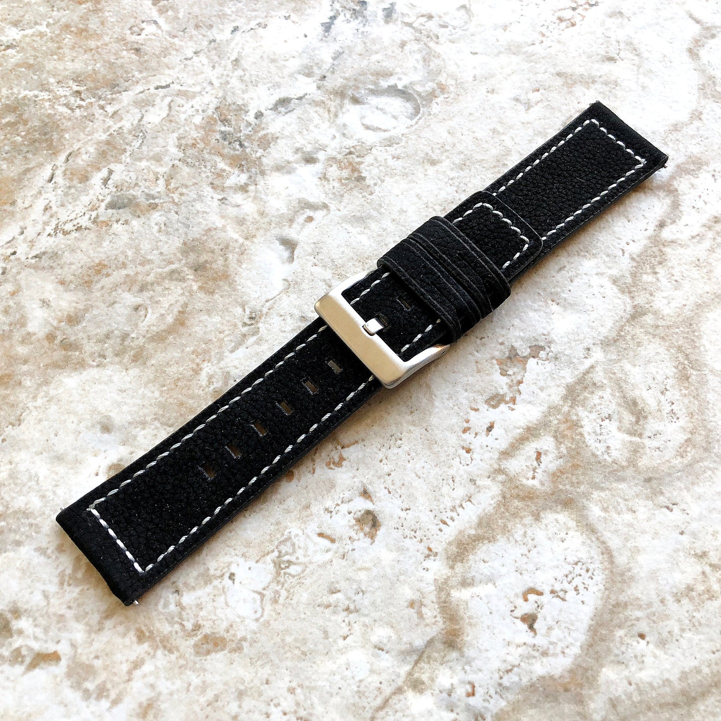 22mm Width Black Soft Leather Watch Strap Band Stitched for Wrist Hand Watches - Quick Release Pins Included Easy and Ready to Attach