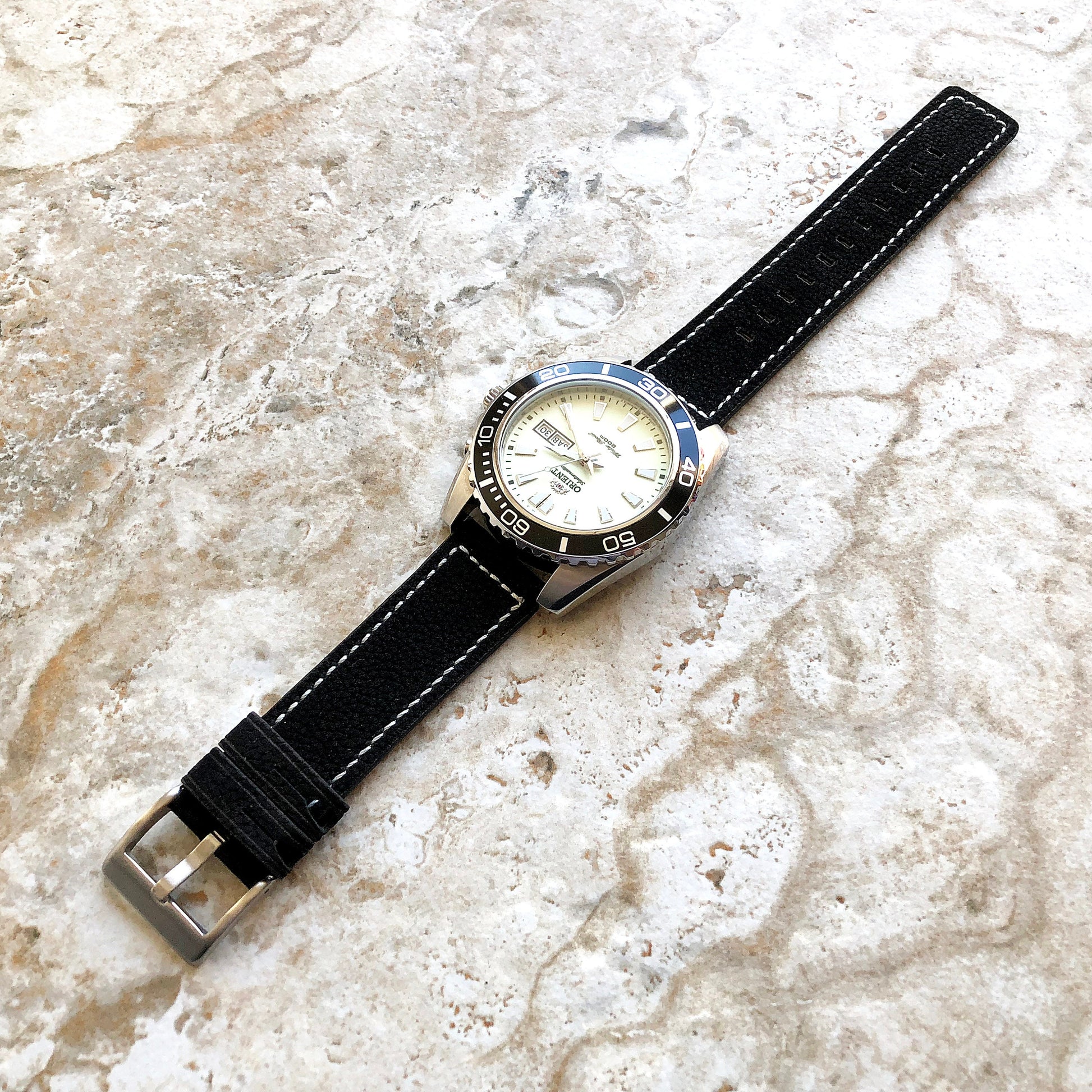 22mm Width Black Soft Leather Watch Strap Band Stitched for Wrist Hand Watches - Quick Release Pins Included Easy and Ready to Attach