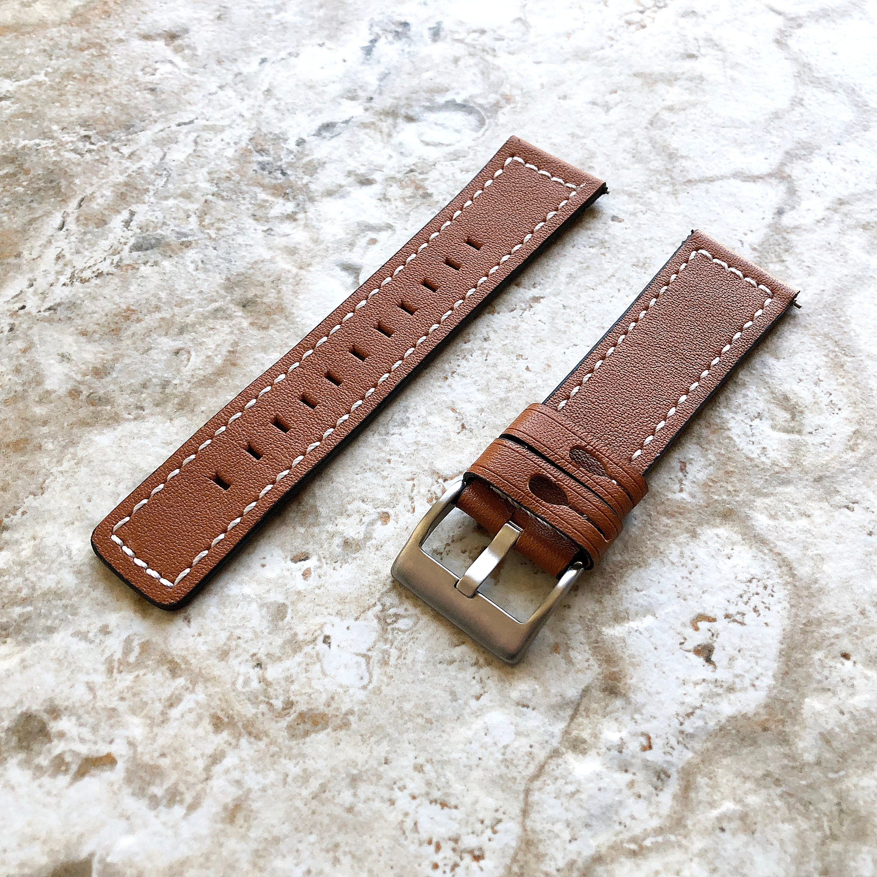 22mm Width Brown Soft Leather Watch Strap Band Stitched for Wrist Hand Watches - Quick Release Pins Included Easy and Ready to Attach