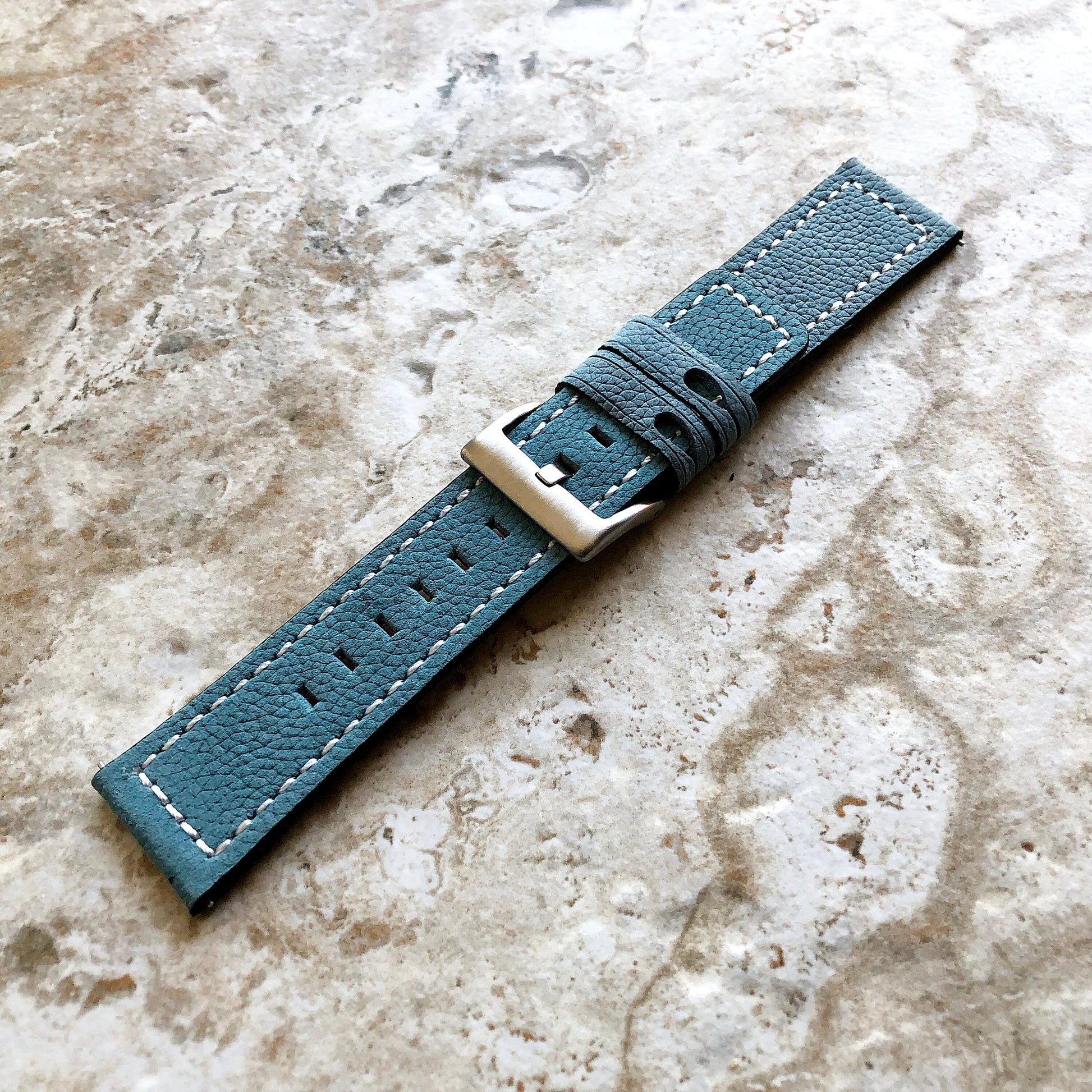22mm Width Light Blue Soft Leather Watch Strap Band Stitched for Wrist Hand Watches - Quick Release Pins Included Easy and Ready to Attach