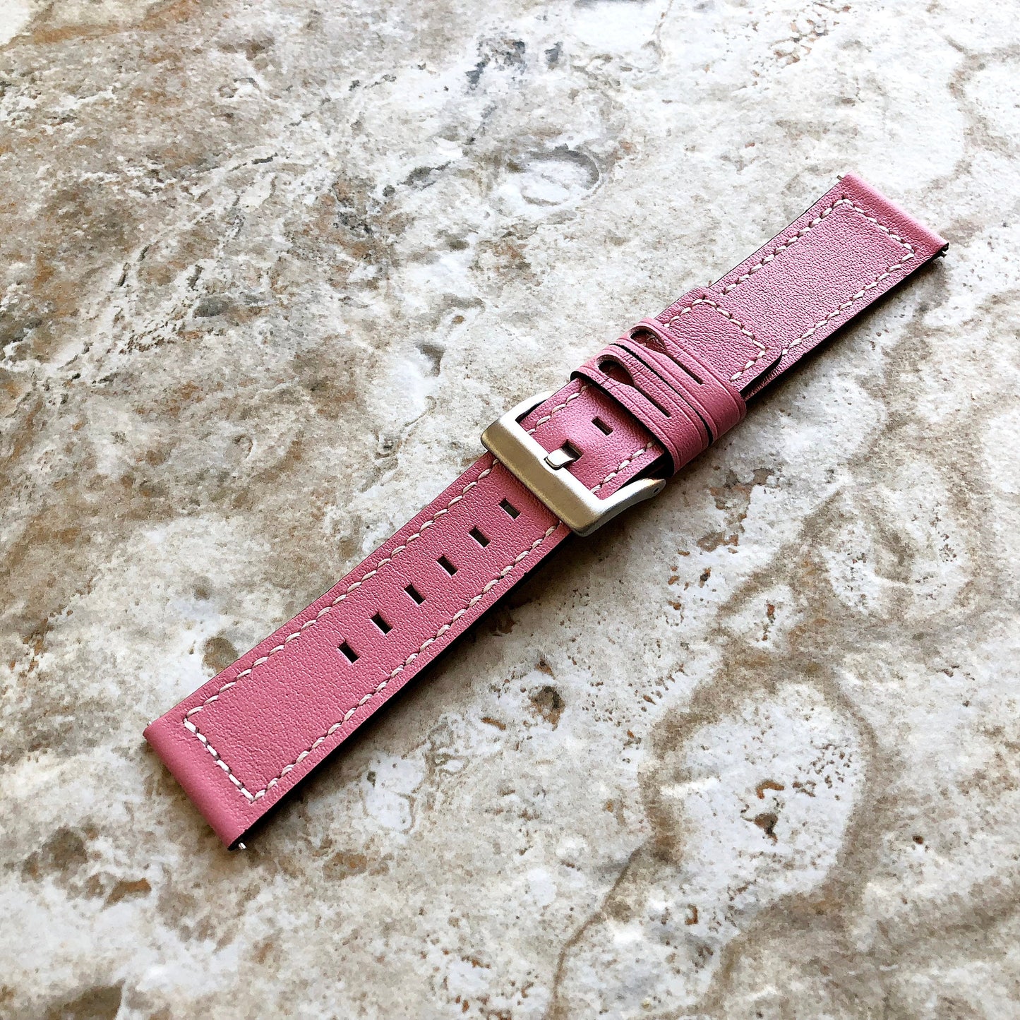 22mm Width Pink Soft Leather Watch Strap Band Stitched for Wrist Hand Watches - Quick Release Pins Included Easy and Ready to Attach