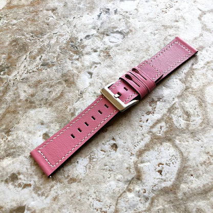 22mm Width Pink Soft Leather Watch Strap Band Stitched for Wrist Hand Watches - Quick Release Pins Included Easy and Ready to Attach