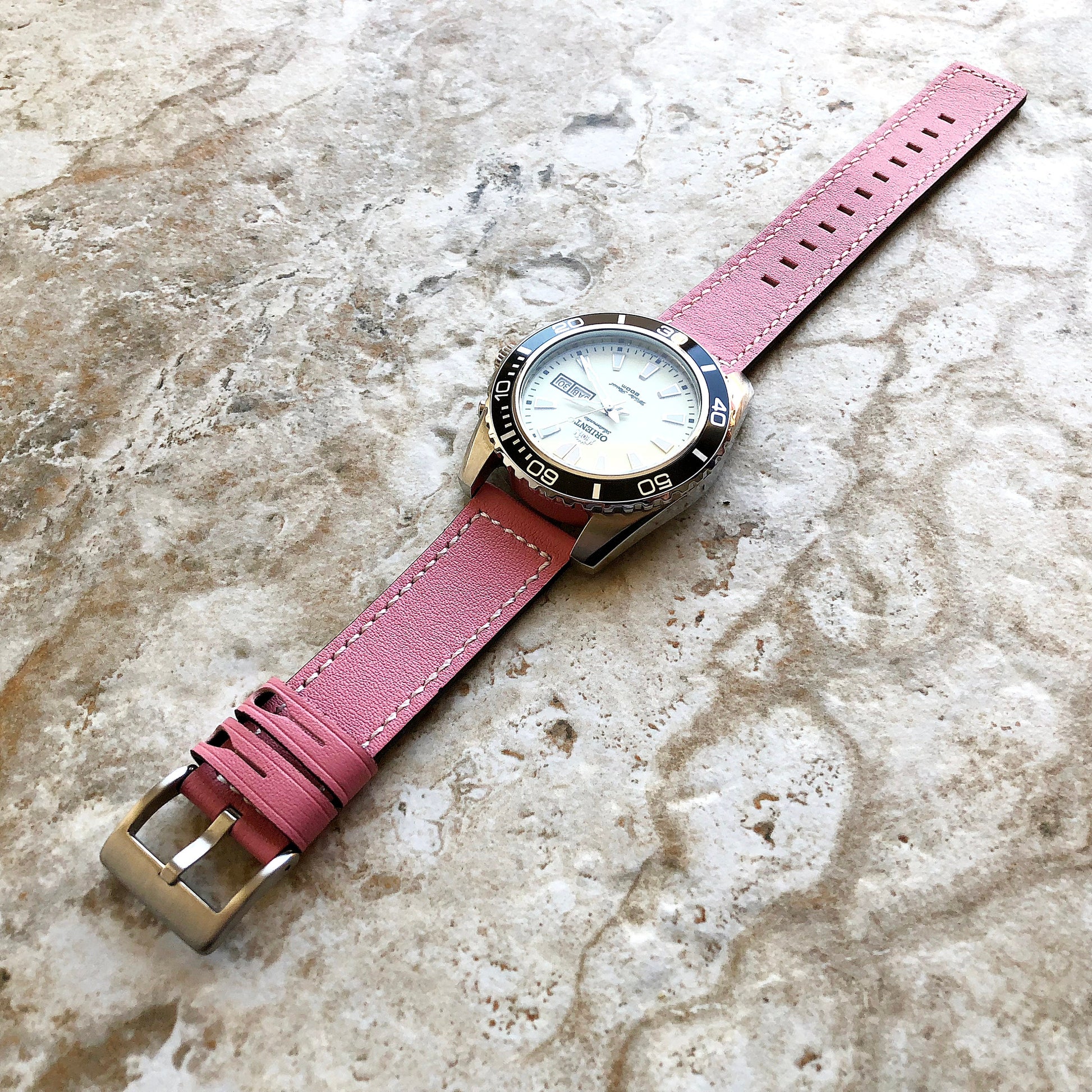22mm Width Pink Soft Leather Watch Strap Band Stitched for Wrist Hand Watches - Quick Release Pins Included Easy and Ready to Attach