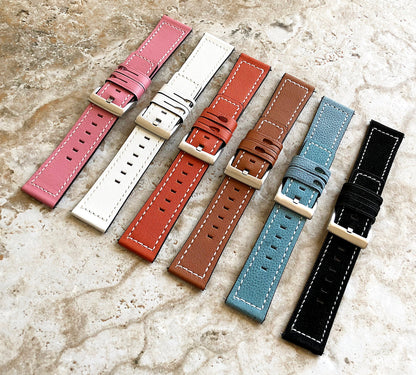 22mm Width White Soft Leather Watch Strap Band Stitched for Wrist Hand Watches - Quick Release Pins Included Easy and Ready to Attach