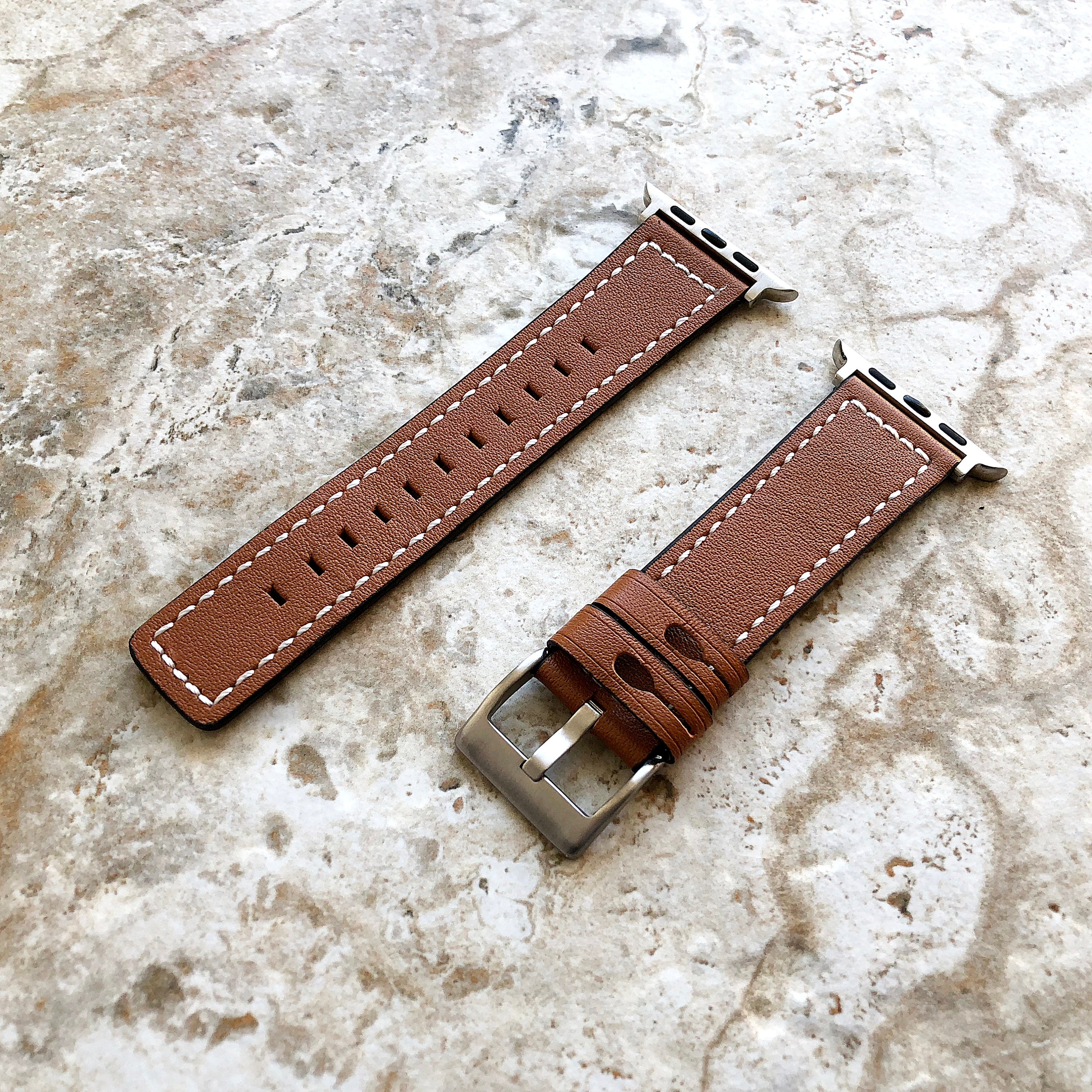 Apple Brown Color Soft Leather Band Straps with White Stitches for iWatch All Series 38mm 40mm 41mm 42mm 44mm 45mm 49mm Case Bracelet