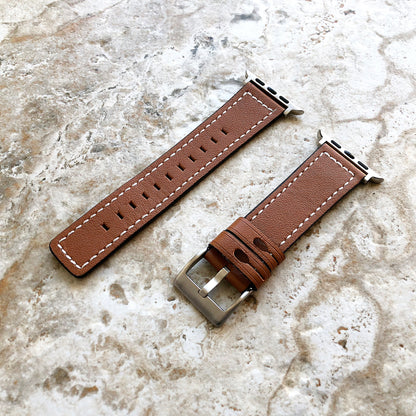 Apple Brown Color Soft Leather Band Straps with White Stitches for iWatch All Series 38mm 40mm 41mm 42mm 44mm 45mm 49mm Case Bracelet