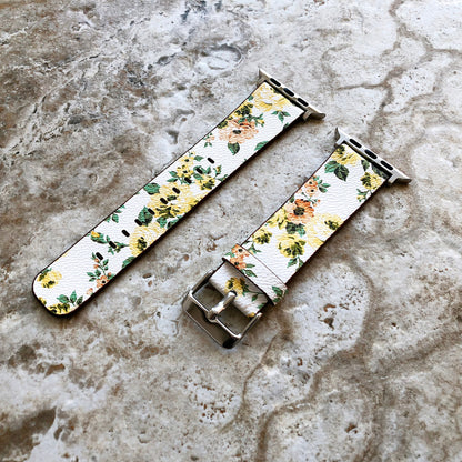 Apple Yellow Floral FL-1 for iWatch All Series 38mm 40mm 41mm 42mm 44mm 45mm 49mm Case Soft Leather Band Strap - Ready to Attach