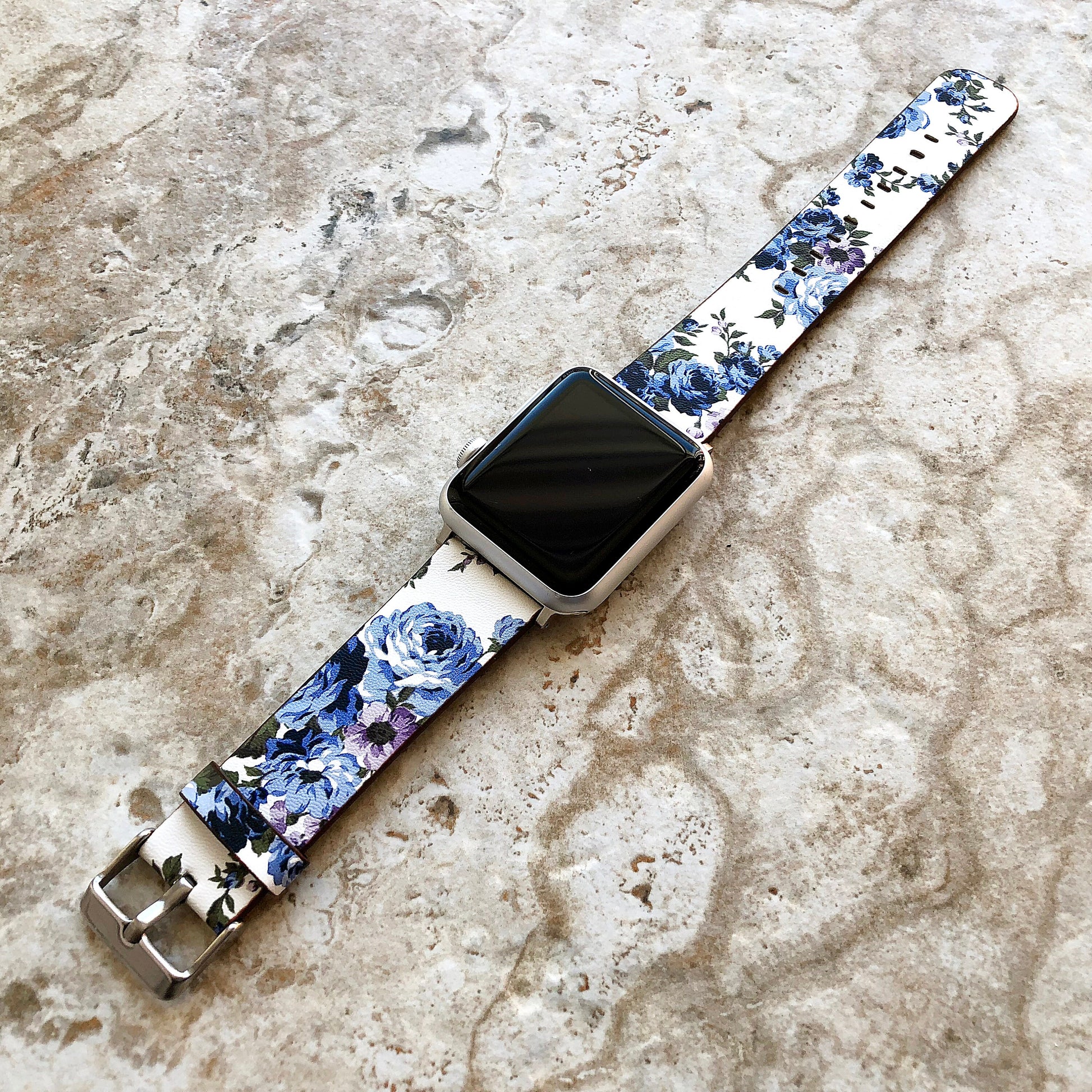 Apple Blue Floral FL-2 for Watch 38mm 40mm 41mm 42mm 44mm 45mm 49mm All Series Bracelet Soft Leather Band Straps -Ready to Attach