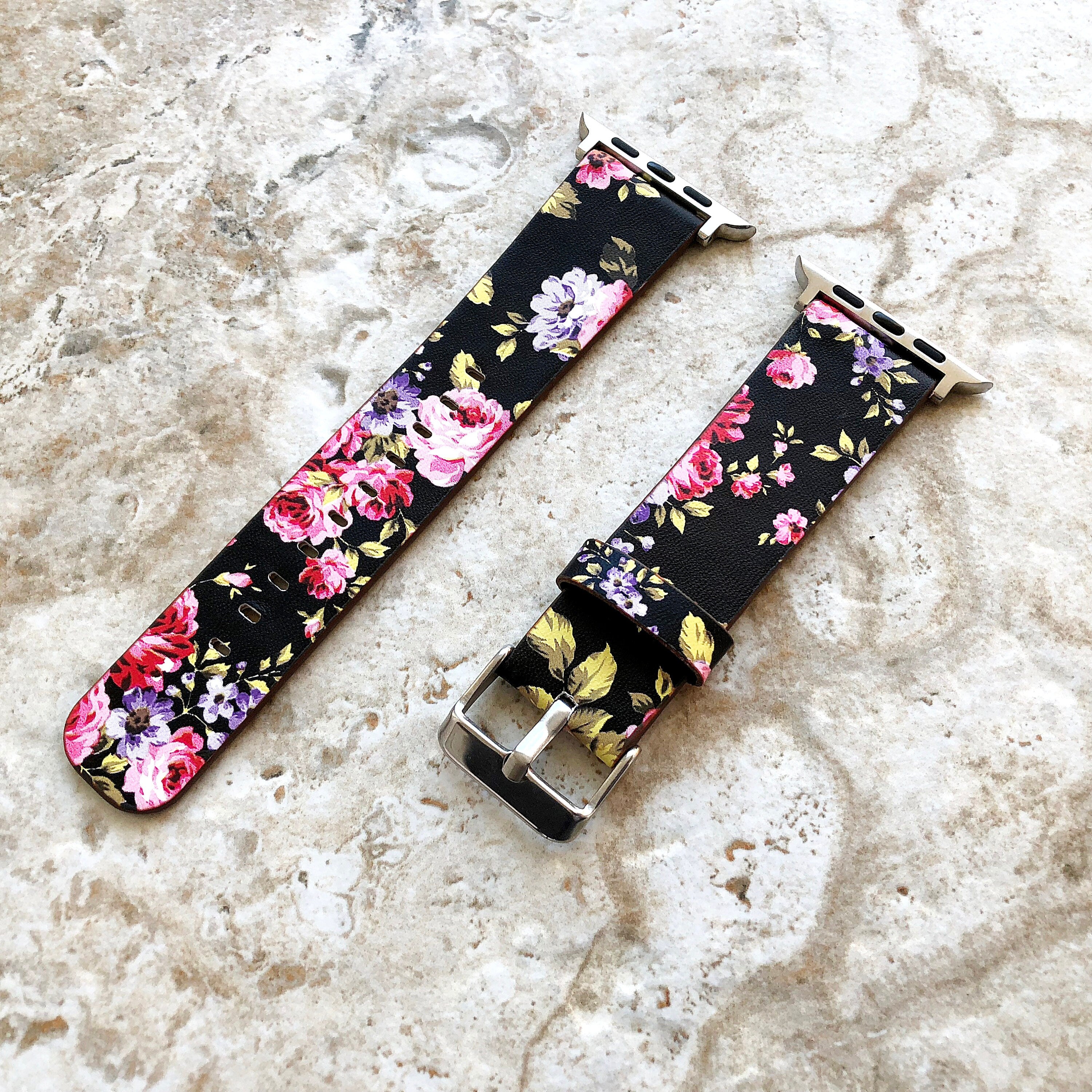 Apple iWatch Red Black Floral FL-5 Band Straps for All Series 38mm 40mm 41mm 42mm 44mm 45mm 49mm Case Soft Leather Bracelet Ready to Attach