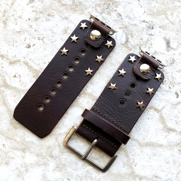 Apple New Silver Stars on Brown Genuine Leather Band for iWatch Ultra 2 49mm and 9 8 Series 41mm 45mm Case Handmade Bracelet Cuff Strap