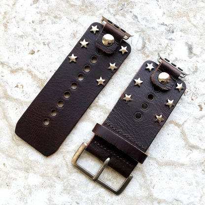 Apple Case 38mm 40mm 41mm 42mm 44mm 45mm New Silver Stars on Brown Leather Band for iWatch Ultra 2 9 8 7 SE 6 5 4 3 2 1 Bracelet Cuff Strap