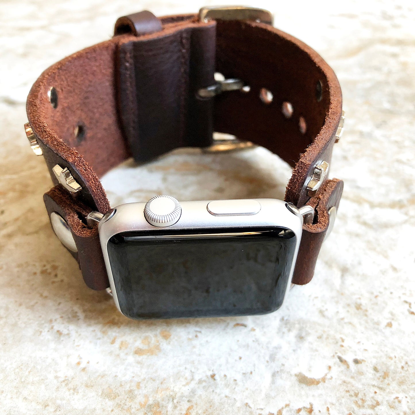 Apple New Silver Stars on Brown Leather Band for iWatch Ultra 2 9 8 7 SE 6 5 4 3 2 1 Case 38mm 40mm 41mm 42mm 44mm 45mm 49mm Cuff Strap