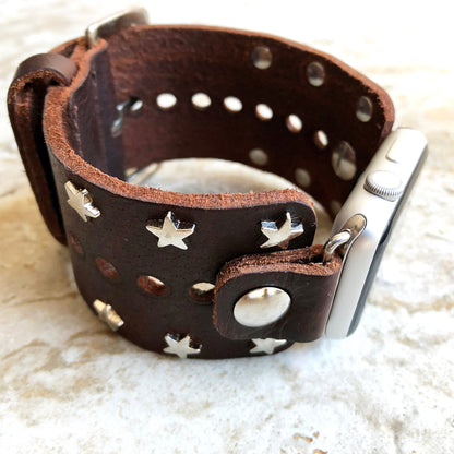 Apple New Silver Stars on Brown Leather Band for iWatch Ultra 2 9 8 7 SE 6 5 4 3 2 1 Case 38mm 40mm 41mm 42mm 44mm 45mm 49mm Cuff Strap
