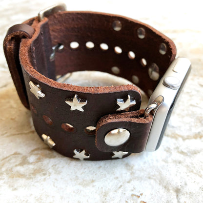 Apple Case 38mm 40mm 41mm 42mm 44mm 45mm New Silver Stars on Brown Leather Band for iWatch Ultra 2 9 8 7 SE 6 5 4 3 2 1 Bracelet Cuff Strap