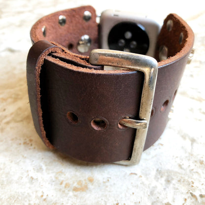 Apple New Silver Stars on Brown Leather Band for iWatch Ultra 2 9 8 7 SE 6 5 4 3 2 1 Case 38mm 40mm 41mm 42mm 44mm 45mm 49mm Cuff Strap