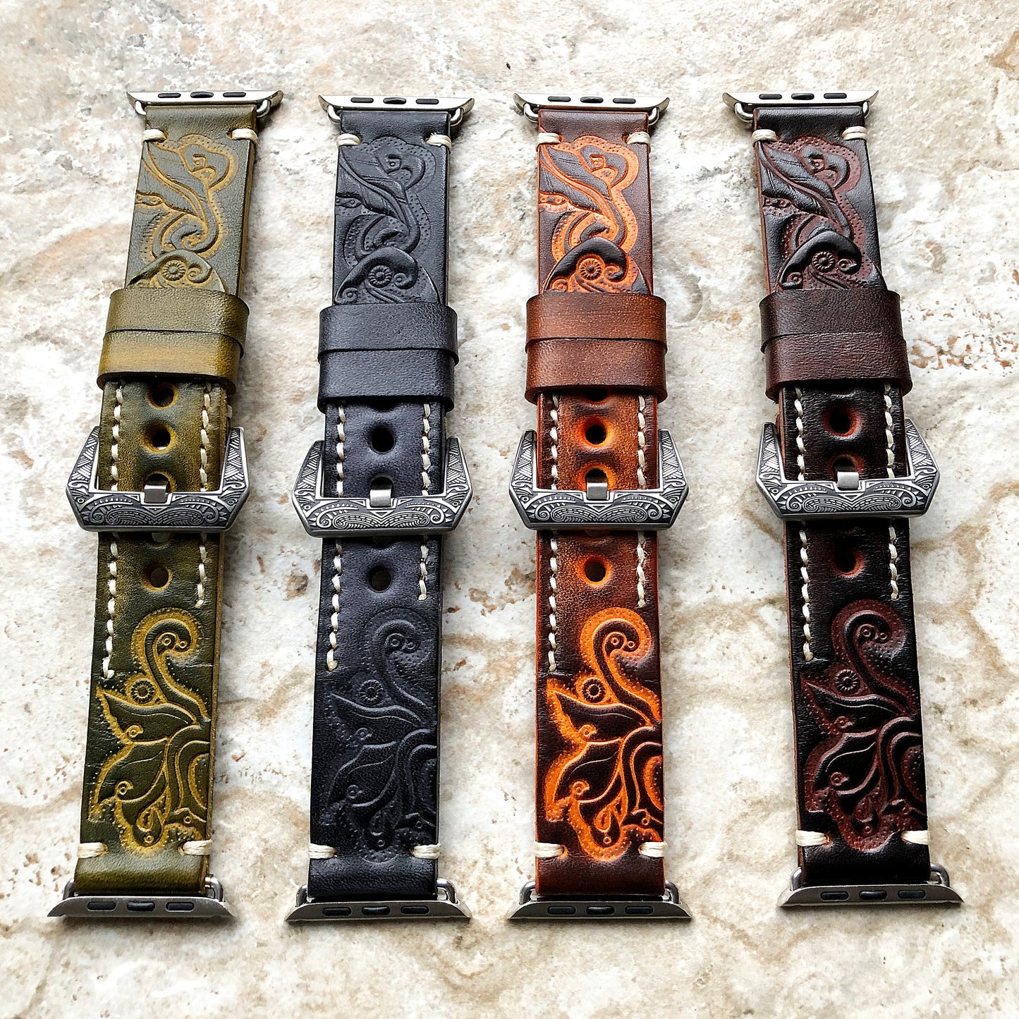 Apple Watch Ultra 2 9 8 7 SE 6 5 4 3 2 1 for iWatch 38mm 40 41 42mm 44mm 45mm 49mm Green Yellow Tooled Embossed Handmade Leather Band Strap