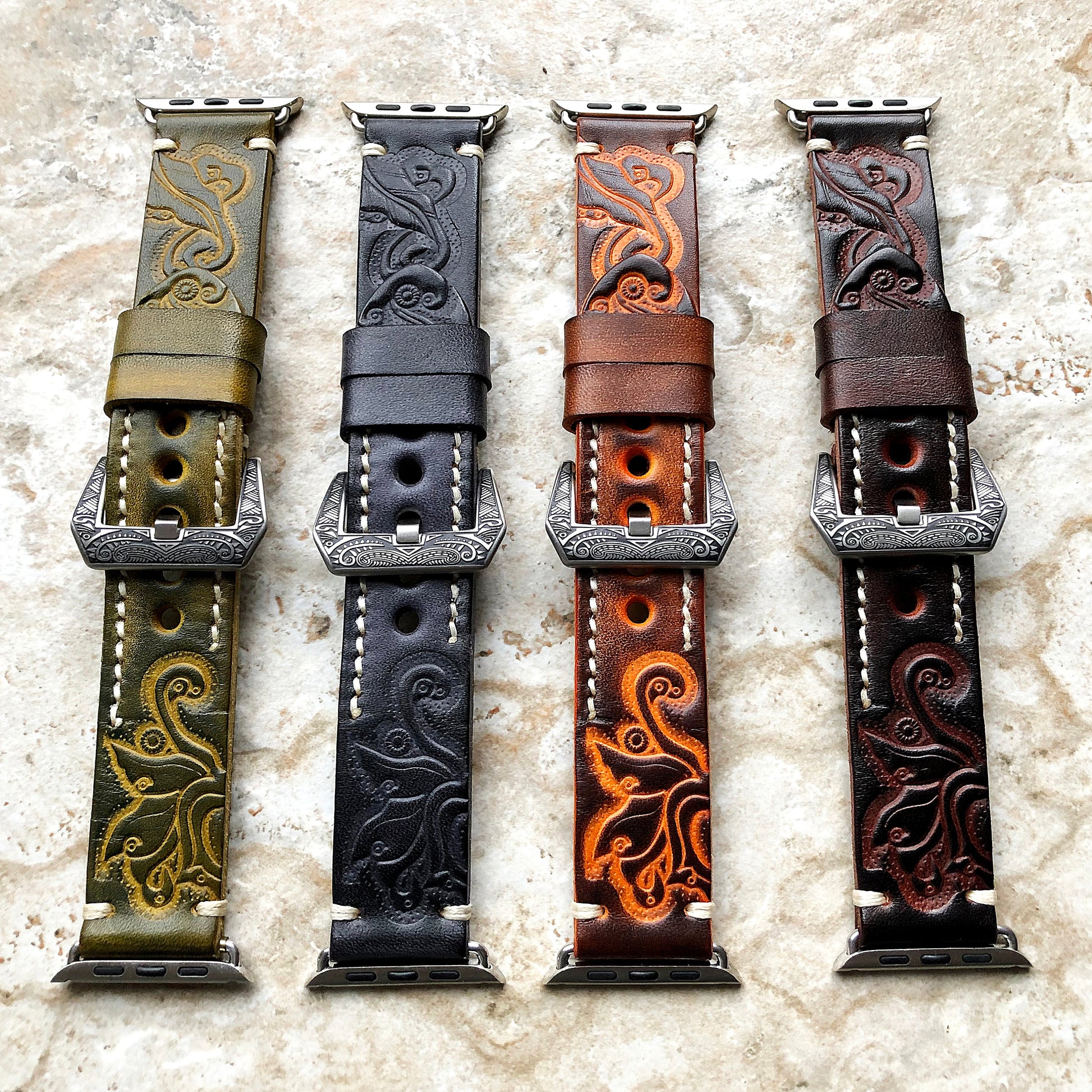 Apple Watch Ultra 2 9 8 7 SE 6 5 4 3 2 1 for iWatch 38mm 40 41 42mm 44mm 45mm 49mm Green Yellow Tooled Embossed Handmade Leather Band Strap
