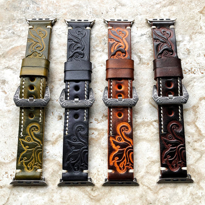 Apple Watch Ultra 2 9 8 7 SE 6 5 4 3 2 1 for iWatch 38mm 40 41 42mm 44mm 45mm 49mm Green Yellow Tooled Embossed Handmade Leather Band Strap