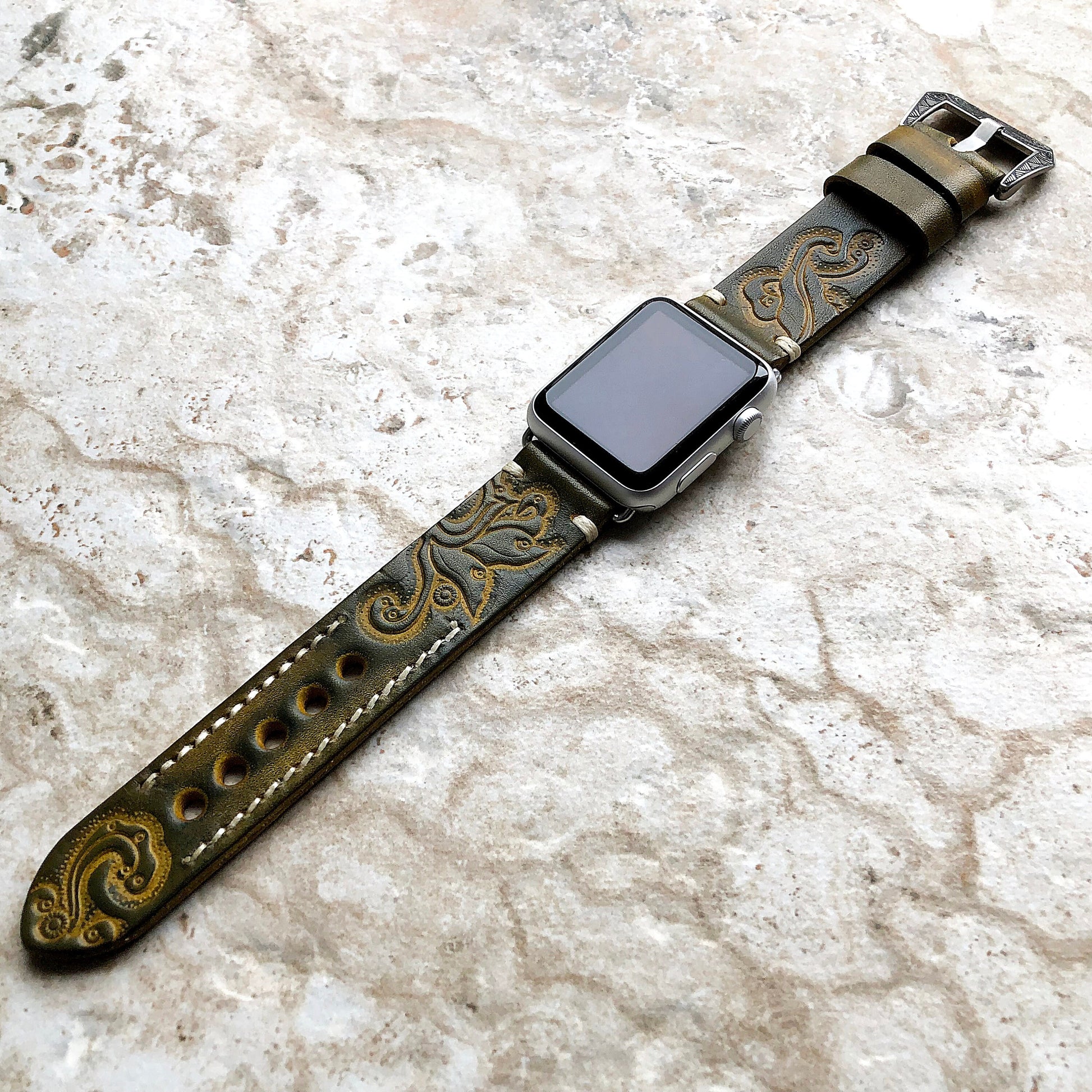 Apple Watch Ultra 2 49mm and 9 8 Series 41mm 45mm Case Green and Yellow Band iWatch Bracelet Embossed Handmade Genuine Leather Tooled Strap