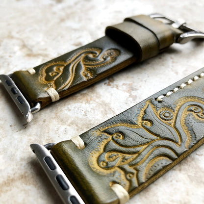 Apple Watch Ultra 2 9 8 7 SE 6 5 4 3 2 1 for iWatch 38mm 40 41 42mm 44mm 45mm 49mm Green Yellow Tooled Embossed Handmade Leather Band Strap
