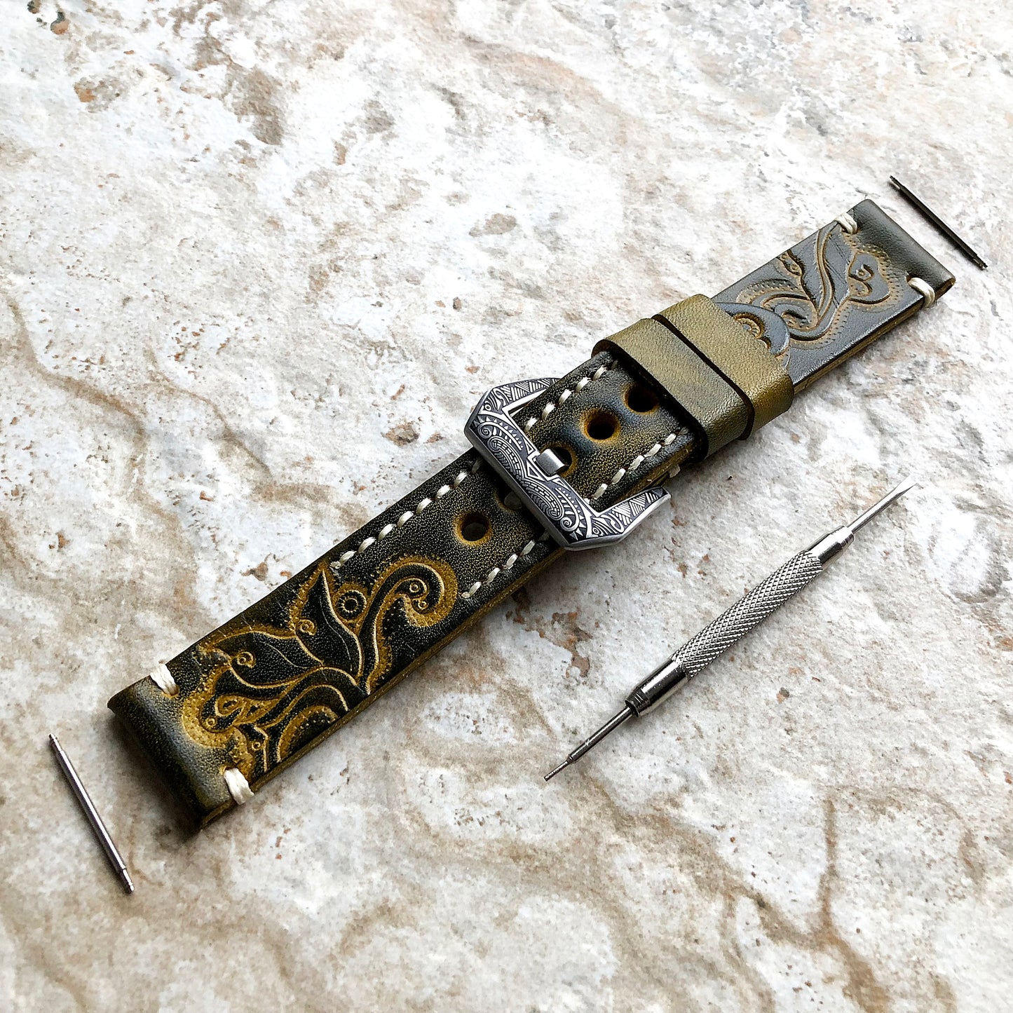Green & Yellow Band Compatible with Garmin D2 Air X10 Venu 2 Plus and Venu Sq 2 Music Embossed Handmade Leather Strap Pins Buckle Tool B20