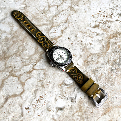 Green & Yellow Leather Band Compatible with Garmin Venu 3S 2S Smartwatch Tooled Embossed Handmade Wrist Strap Bracelet Pins Buckle Tool -B18