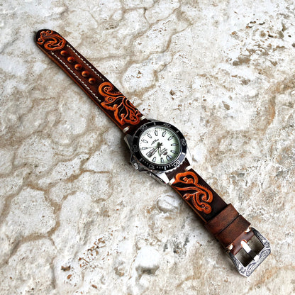 Garmin Brown and Orange Band for Approach S12 S40 S42 CT10 Bundle Models Tooled Embossed Handmade Leather Bracelet Pins Buckle Tool B20